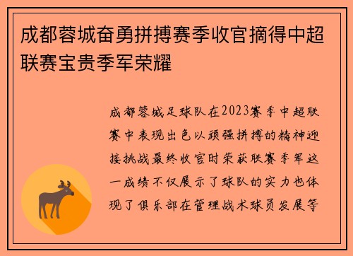 成都蓉城奋勇拼搏赛季收官摘得中超联赛宝贵季军荣耀